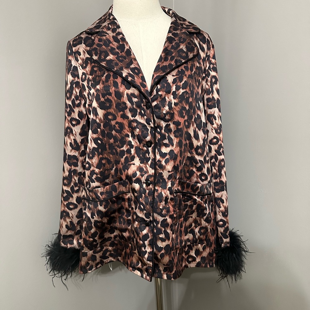 Nadine Merabi Leopard Print Pajama-like Top and Bottoms with Black Feather Cuffs